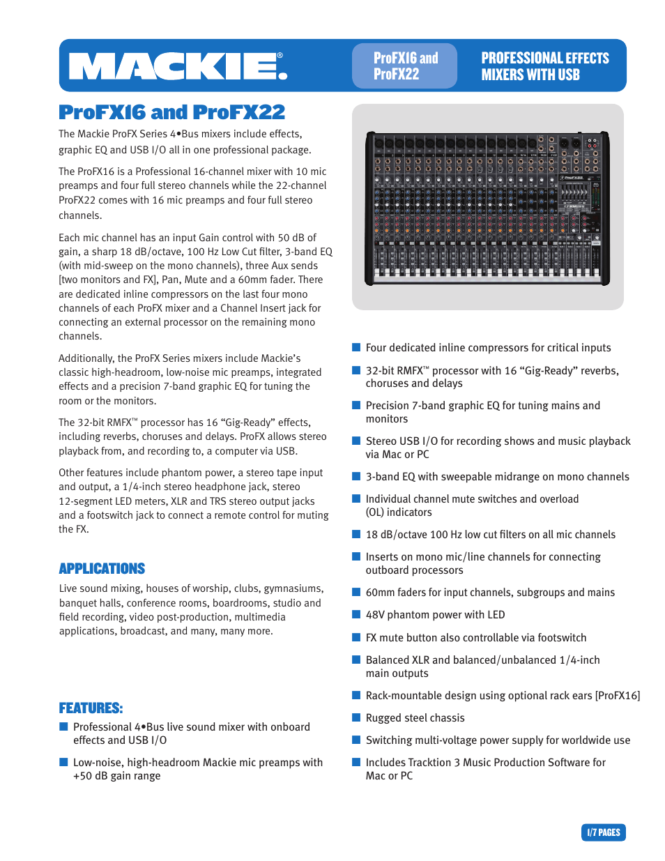 MACKIE PROFESIONAL EFFECTS MIXER WITH USB PROFX22 User Manual | 7 pages