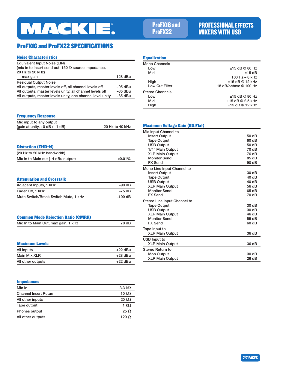 Professional, Mixers with usb profx16 and profx22, Effects | Profx16 and profx22 specifications | MACKIE PROFESIONAL EFFECTS MIXER WITH USB PROFX22 User Manual | Page 2 / 7