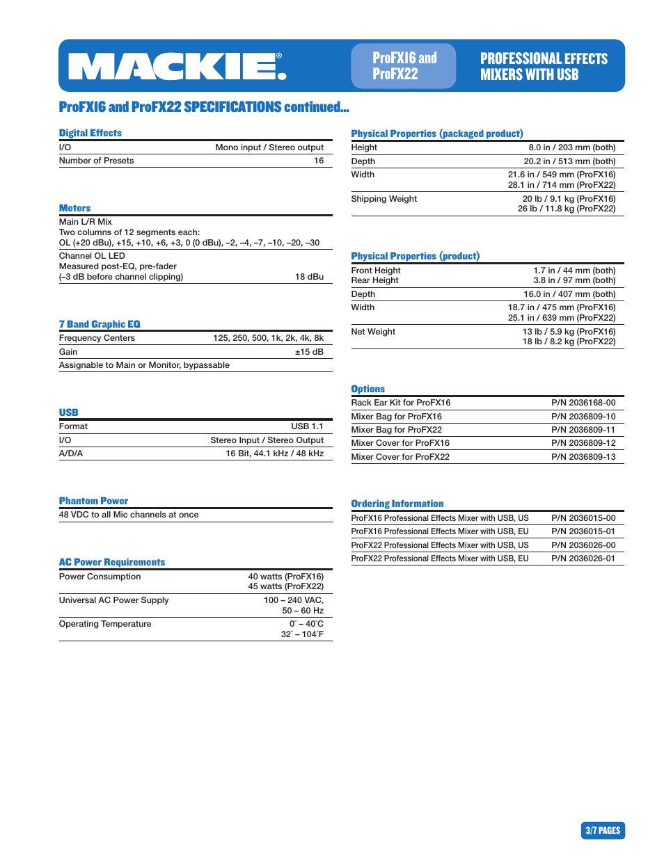 Professional, Mixers with usb profx16 and profx22, Effects | Profx16 and profx22 specifications continued | MACKIE PROFESIONAL EFFECTS MIXER WITH USB PROFX22 User Manual | Page 3 / 7