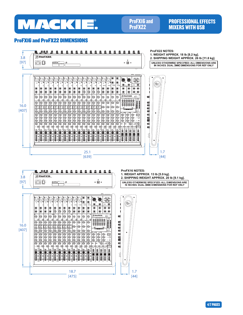 Professional, Mixers with usb profx16 and profx22, Effects | Profx16 and profx22 dimensions | MACKIE PROFESIONAL EFFECTS MIXER WITH USB PROFX22 User Manual | Page 4 / 7