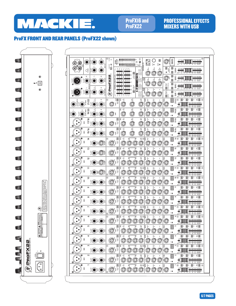 Professional, Mixers with usb profx16 and profx22, Effects | Profx front and rear panels (profx22 shown), 6/7 pages, Ma in, Su b 2 su b 3 su b 1, Su b 4 | MACKIE PROFESIONAL EFFECTS MIXER WITH USB PROFX22 User Manual | Page 6 / 7