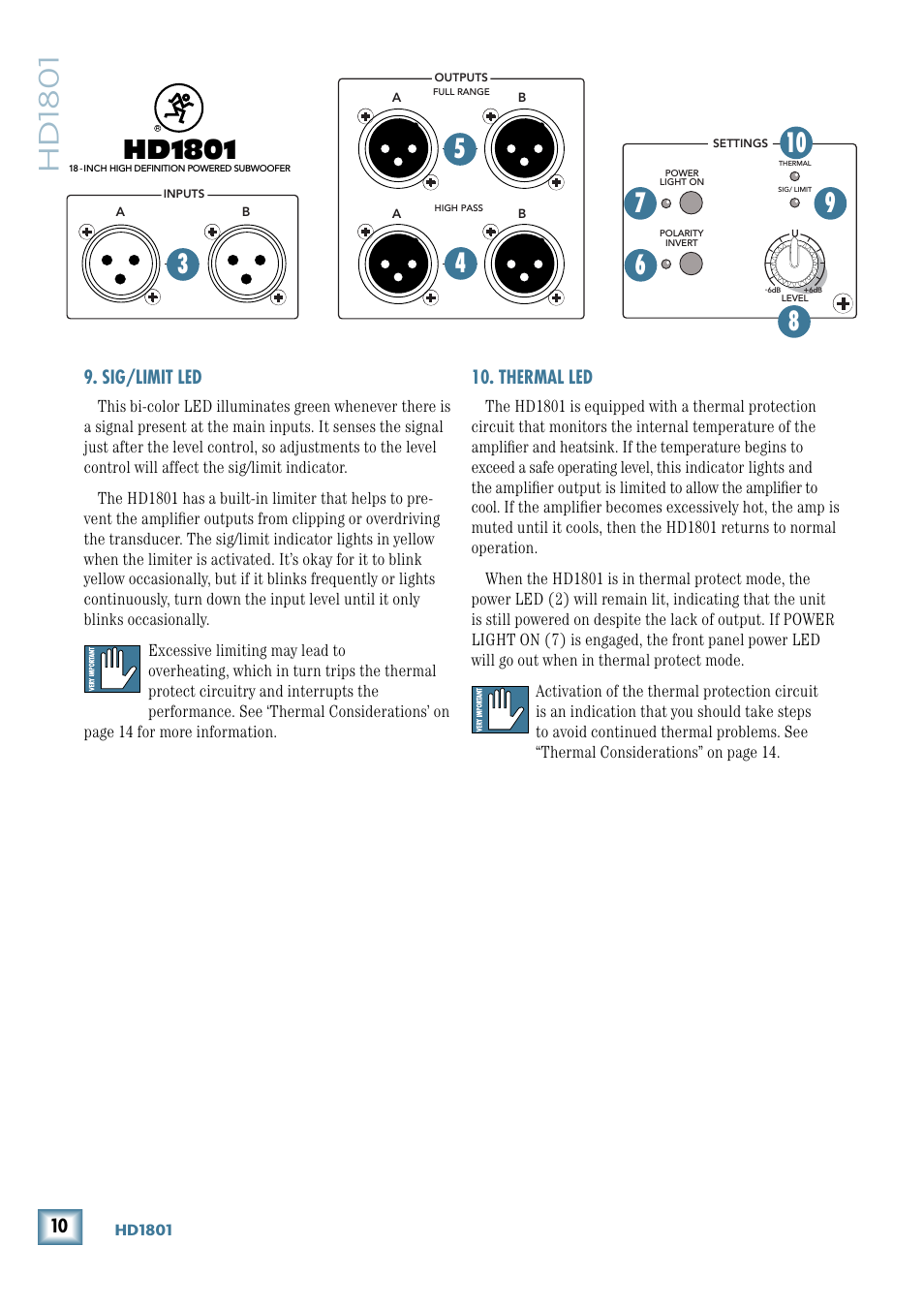 Sig/limit led, Thermal led, Hd1801 | MACKIE 18" Powered Subwoofer HD 1801 User Manual | Page 10 / 21