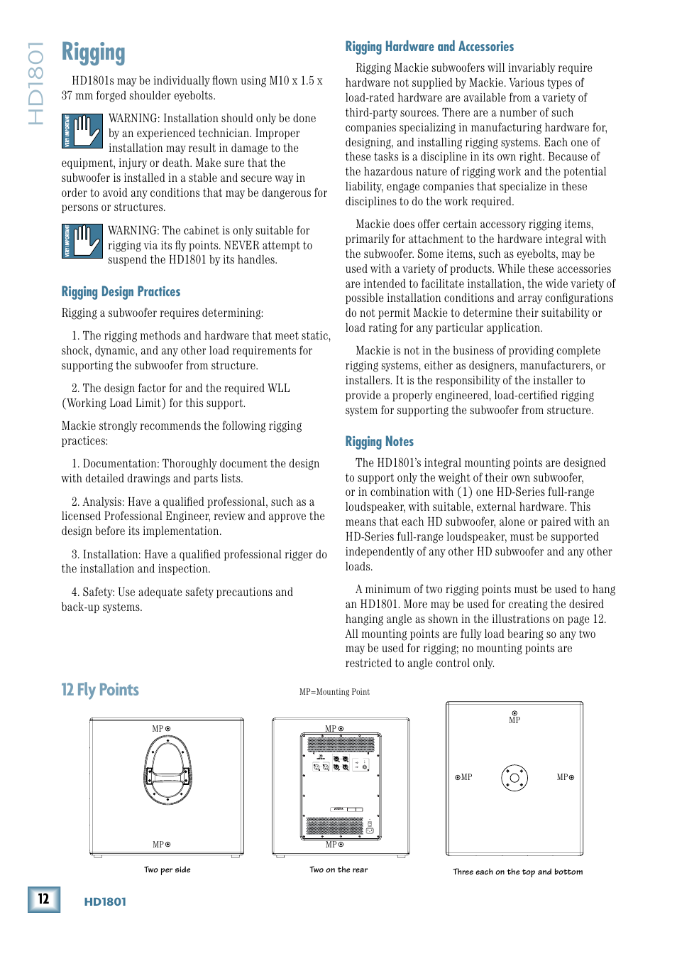 Rigging, Rigging design practices, Rigging hardware and accessories | Rigging notes, Fly points, Hd1801, 12 fly points | MACKIE 18" Powered Subwoofer HD 1801 User Manual | Page 12 / 21