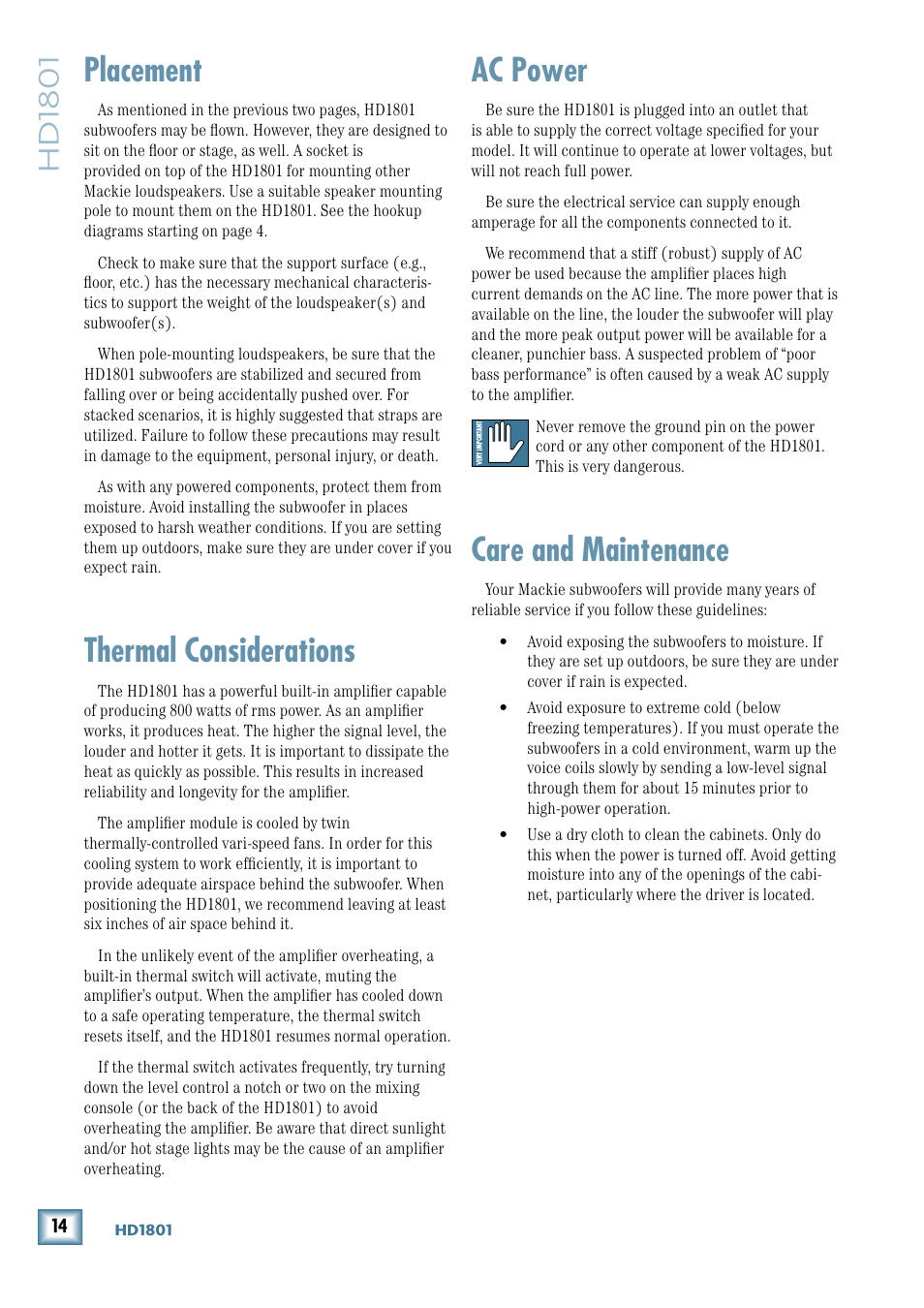 Placement, Thermal considerations, Ac power | Care and maintenance, Hd1801 | MACKIE 18" Powered Subwoofer HD 1801 User Manual | Page 14 / 21