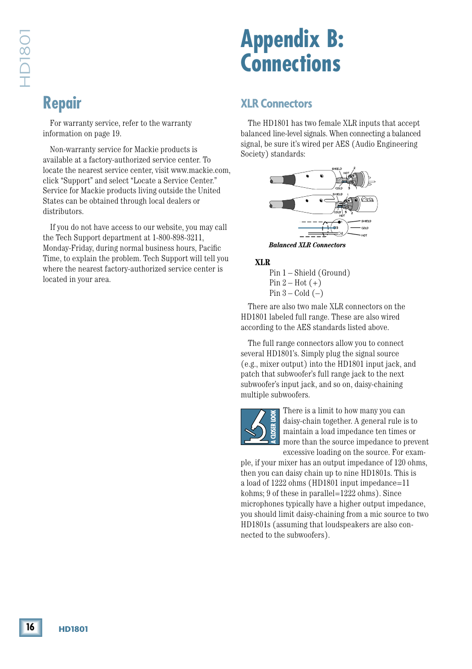 Appendix b: connections, Repair, Hd1801 | Xlr connectors | MACKIE 18" Powered Subwoofer HD 1801 User Manual | Page 16 / 21