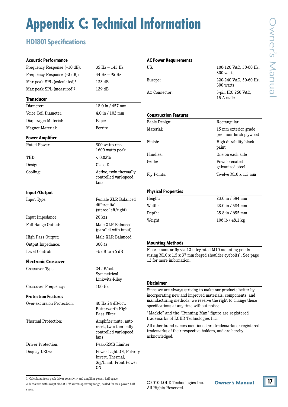 Appendix c: technical information, Owner’ s manual, Hd1801 specifications | MACKIE 18" Powered Subwoofer HD 1801 User Manual | Page 17 / 21
