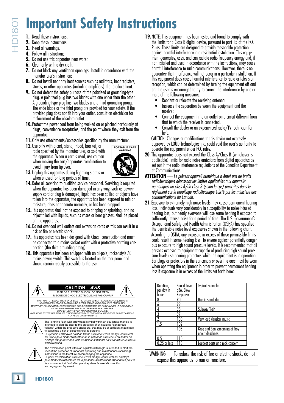 Important safety instructions, Hd1801 | MACKIE 18" Powered Subwoofer HD 1801 User Manual | Page 2 / 21