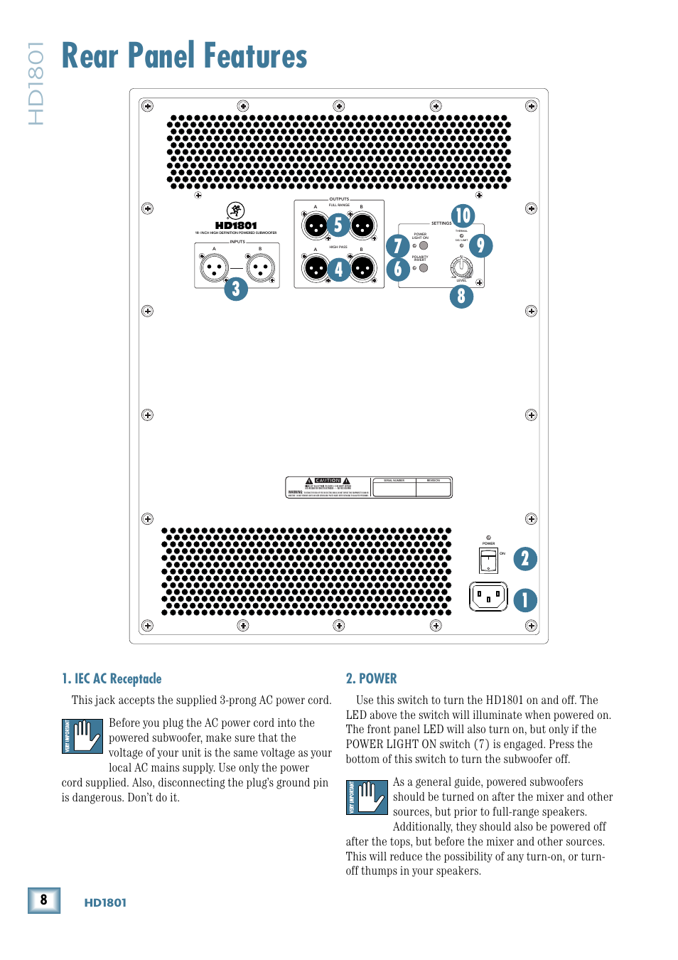 Rear panel features, Iec ac receptacle, Power | Hd1801 | MACKIE 18" Powered Subwoofer HD 1801 User Manual | Page 8 / 21