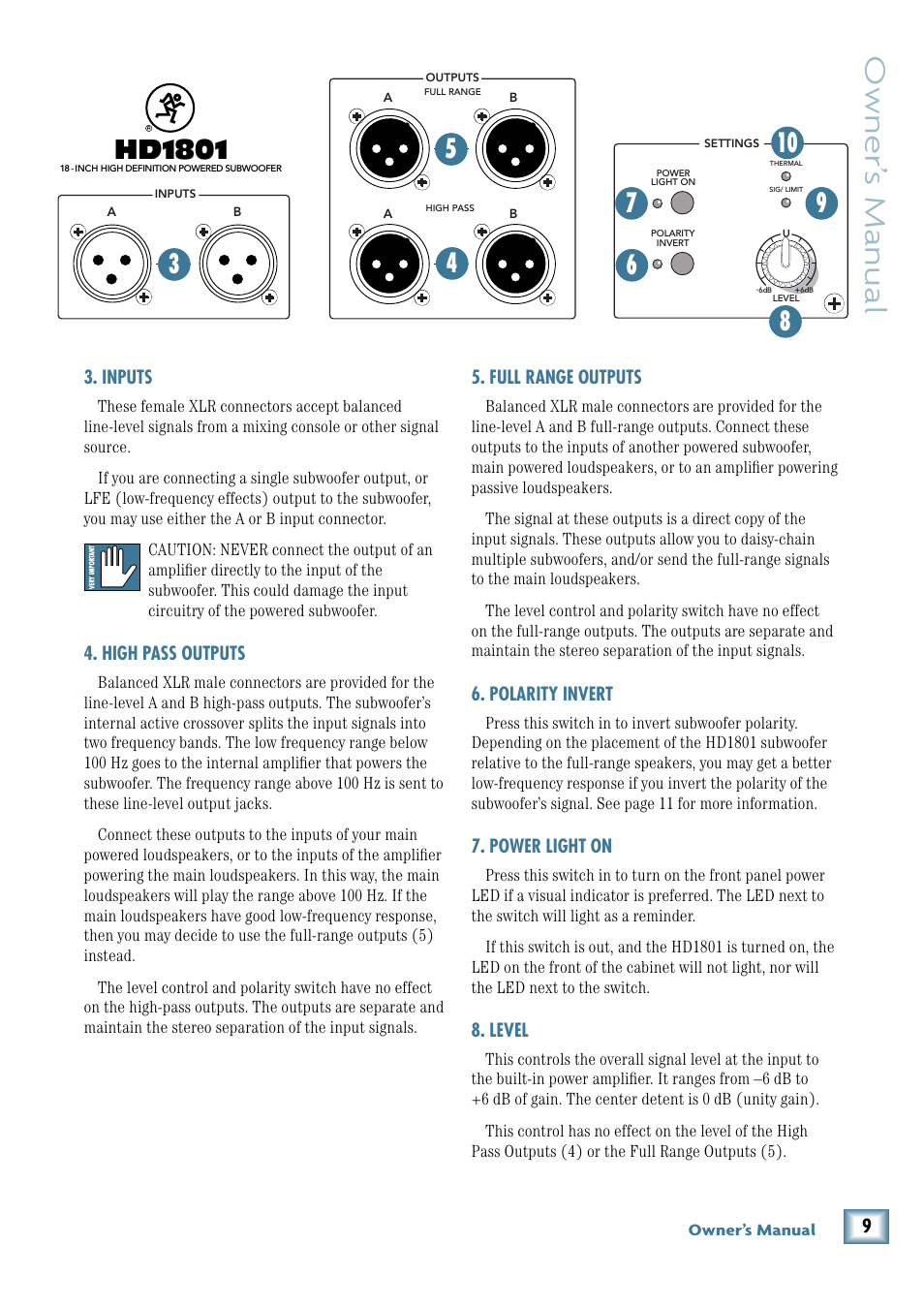 Inputs, High pass outputs, Full range outputs | Polarity invert, Power light on, Level, Owner’ s manual | MACKIE 18" Powered Subwoofer HD 1801 User Manual | Page 9 / 21