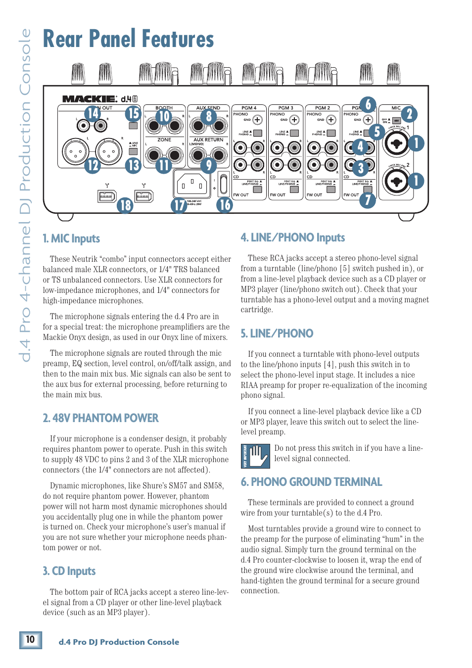 Rear panel features, D. 4 pr o 4-channel dj pr oduc tion c ons ole, Mic inputs | 48v phantom power, Cd inputs, Line/phono inputs, Line/phono, Phono ground terminal | MACKIE d.4 Pro User Manual | Page 10 / 32