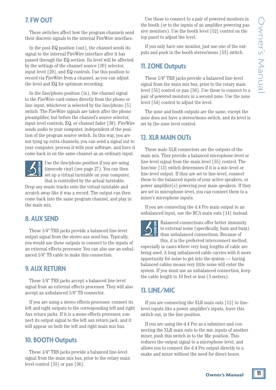 Owner’ s manual, Fw out, Aux send | Aux return, Booth outputs, Zone outputs, Xlr main outs, Line/mic | MACKIE d.4 Pro User Manual | Page 11 / 32
