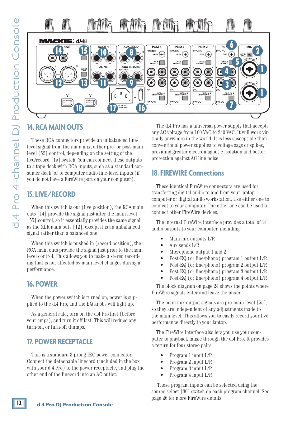 D. 4 pr o 4-channel dj pr oduc tion c ons ole, Rca main outs, Live/record | Power, Power receptacle, Firewire connections | MACKIE d.4 Pro User Manual | Page 12 / 32