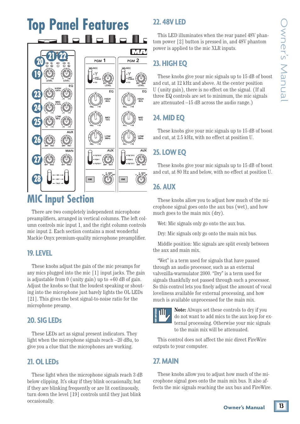 Top panel features, Owner’ s manual, Level | Sig leds, Ol leds, 48v led, High eq, Mid eq, Low eq, Main | MACKIE d.4 Pro User Manual | Page 13 / 32