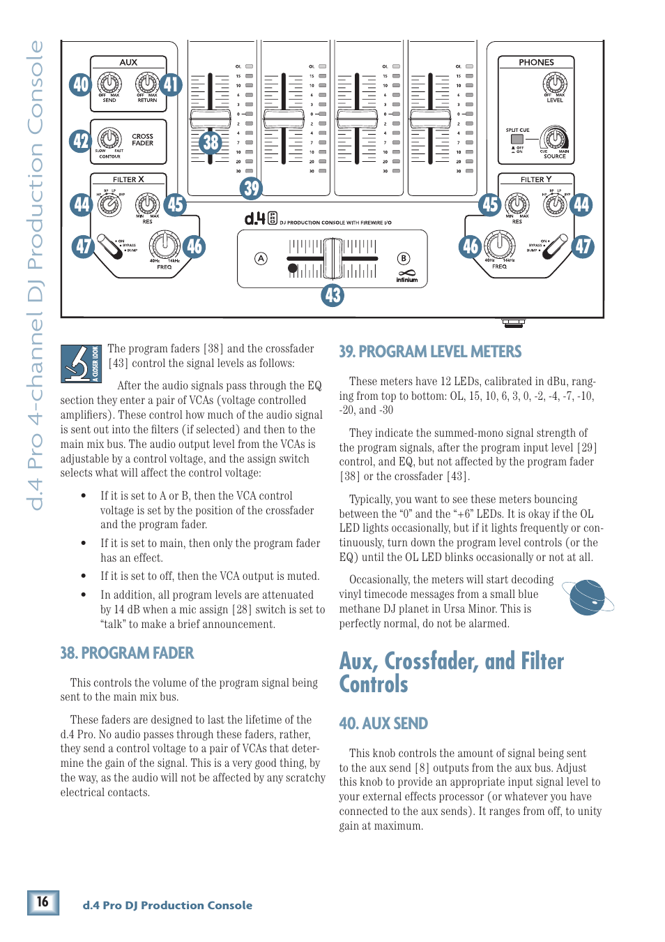 Aux, crossfader, and filter controls, D. 4 pr o 4-channel dj pr oduc tion c ons ole, Program fader | Program level meters, Aux send | MACKIE d.4 Pro User Manual | Page 16 / 32