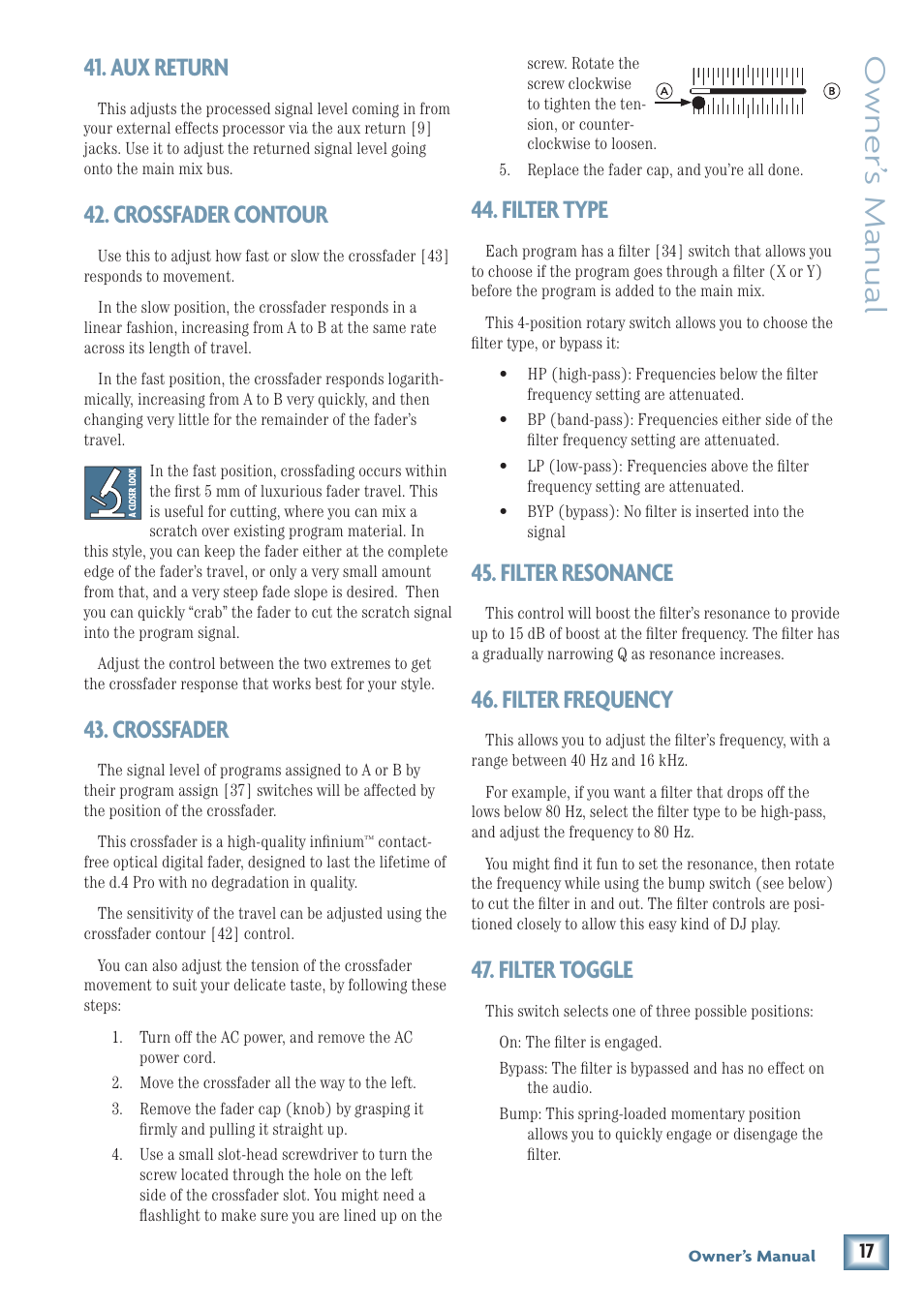 Owner’ s manual, Aux return, Crossfader contour | Crossfader, Filter type, Filter resonance, Filter frequency, Filter toggle | MACKIE d.4 Pro User Manual | Page 17 / 32