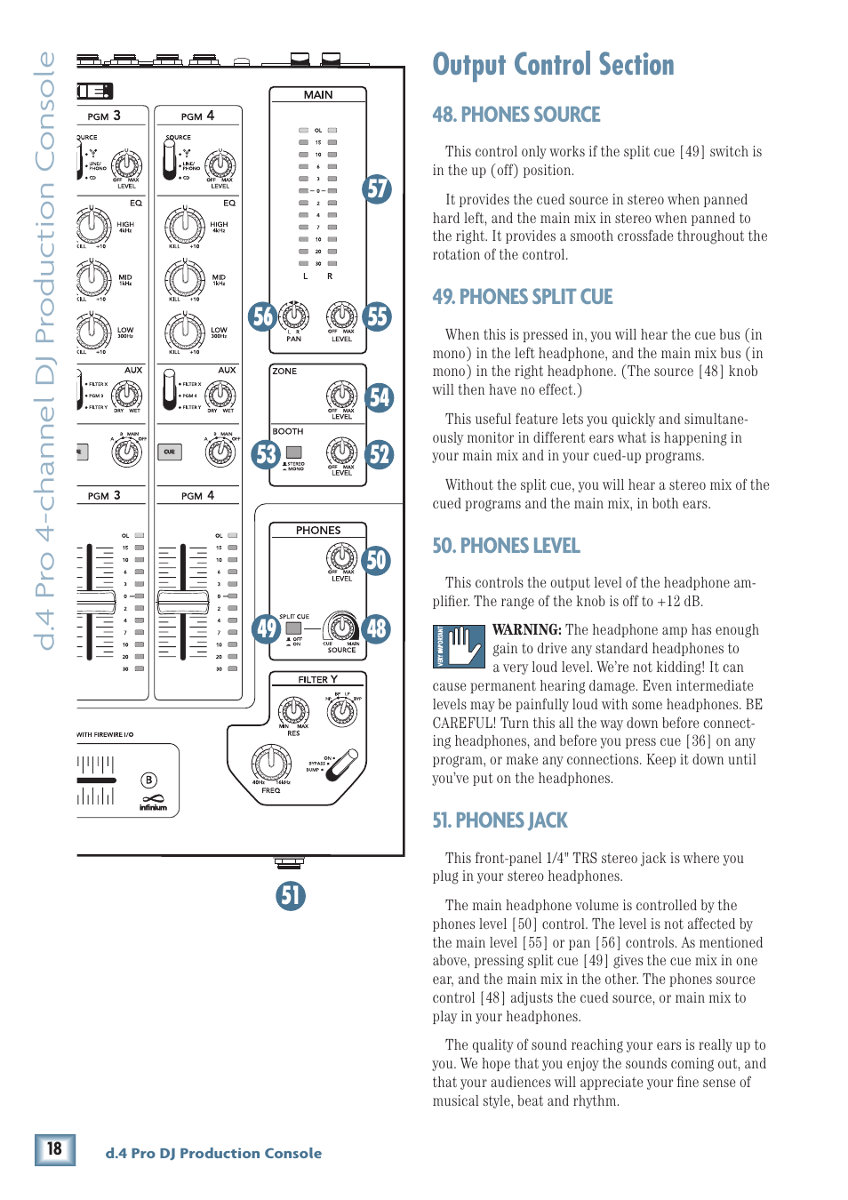 D. 4 pr o 4-channel dj pr oduc tion c ons ole, Phones source, Phones split cue | Phones level, Phones jack | MACKIE d.4 Pro User Manual | Page 18 / 32