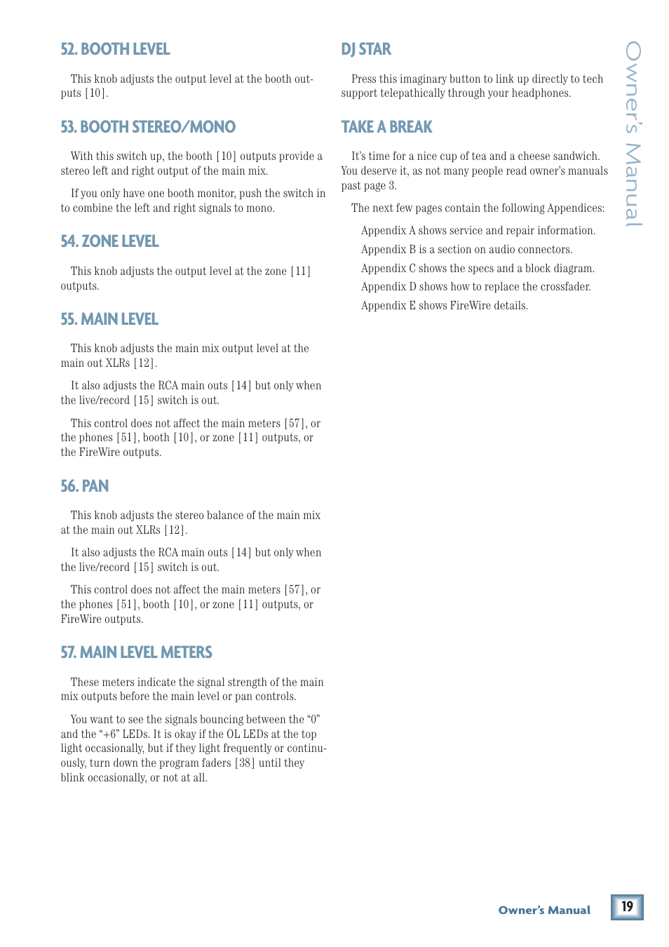 Owner’ s manual, Booth level, Booth stereo/mono | Zone level, Main level, Main level meters, Dj star, Take a break | MACKIE d.4 Pro User Manual | Page 19 / 32