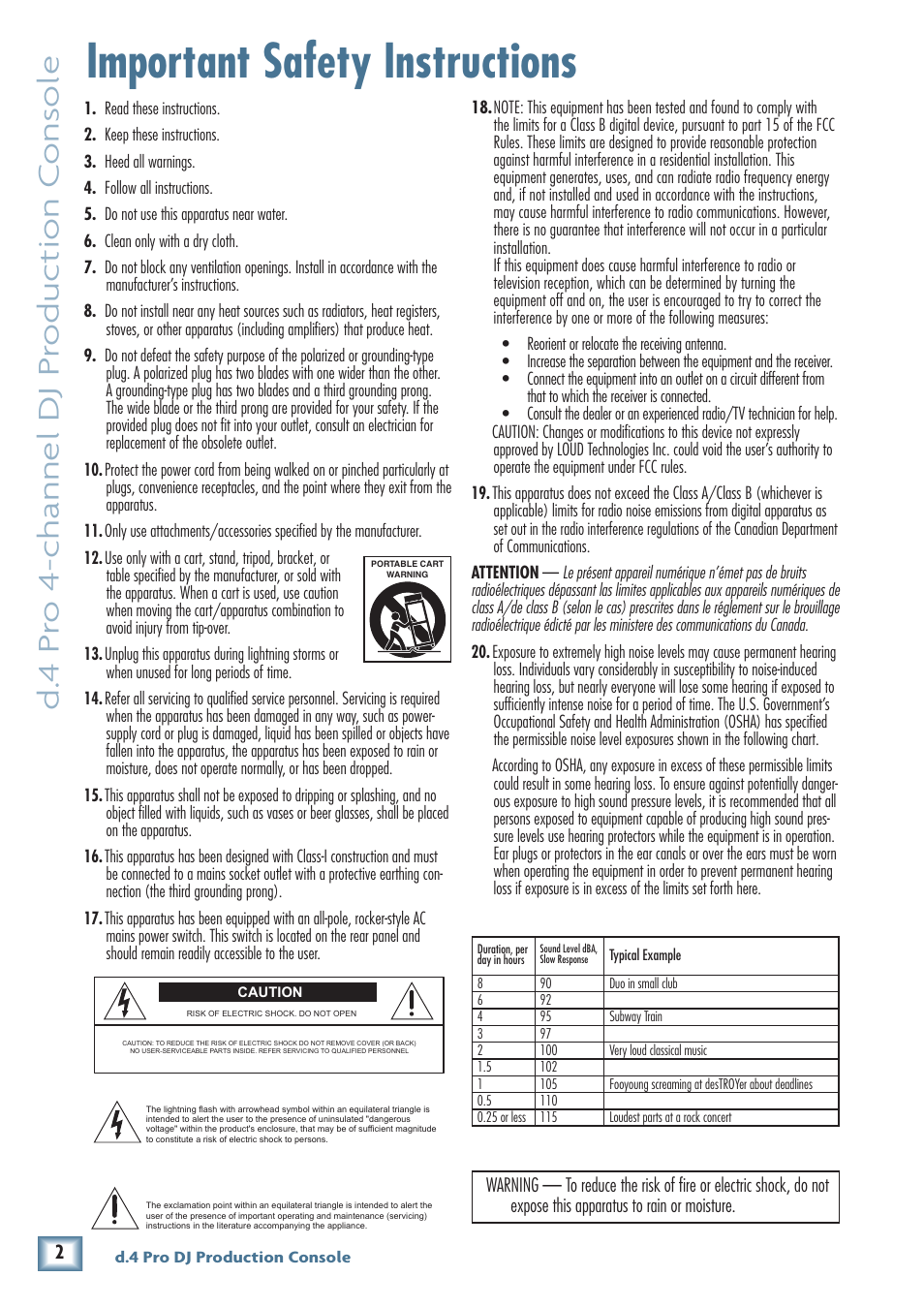 Important safety instructions, D. 4 pr o 4-channel dj pr oduc tion c ons ole | MACKIE d.4 Pro User Manual | Page 2 / 32
