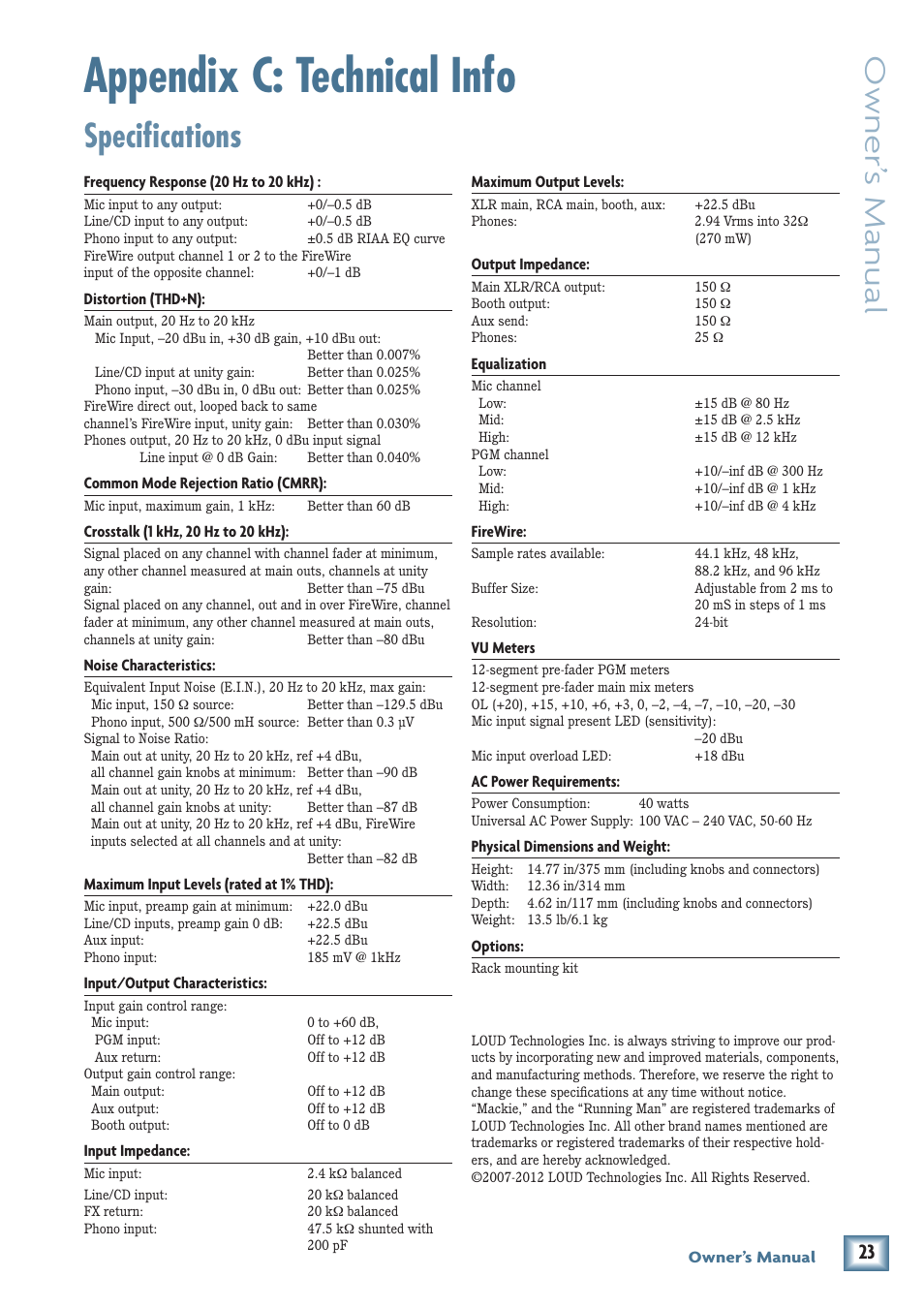 Appendix c: technical info, Specifications, Owner’ s manual | MACKIE d.4 Pro User Manual | Page 23 / 32