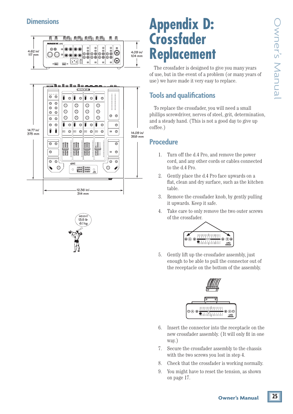 Appendix d: crossfader replacement, Owner’ s manual, Tools and qualifications | Procedure, Dimensions | MACKIE d.4 Pro User Manual | Page 25 / 32