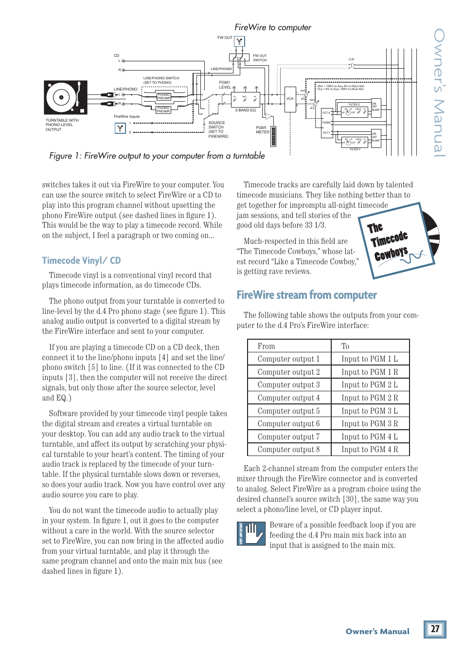 Owner’ s manual, Firewire stream from computer, Timecode vinyl/ cd | Owner’s manual | MACKIE d.4 Pro User Manual | Page 27 / 32