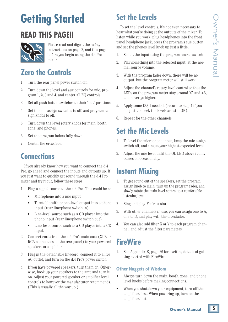 Getting started, Read this page, Zero the controls | Connections, Set the levels, Set the mic levels, Instant mixing, Firewire, Owner’ s manual | MACKIE d.4 Pro User Manual | Page 5 / 32