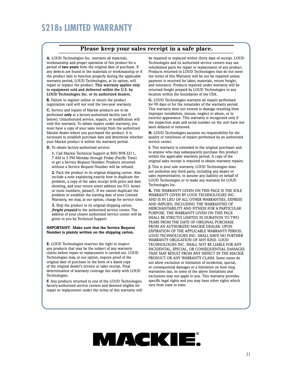 S218s limited warranty, Please keep your sales re ceipt in a safe place | MACKIE S218s User Manual | Page 11 / 12