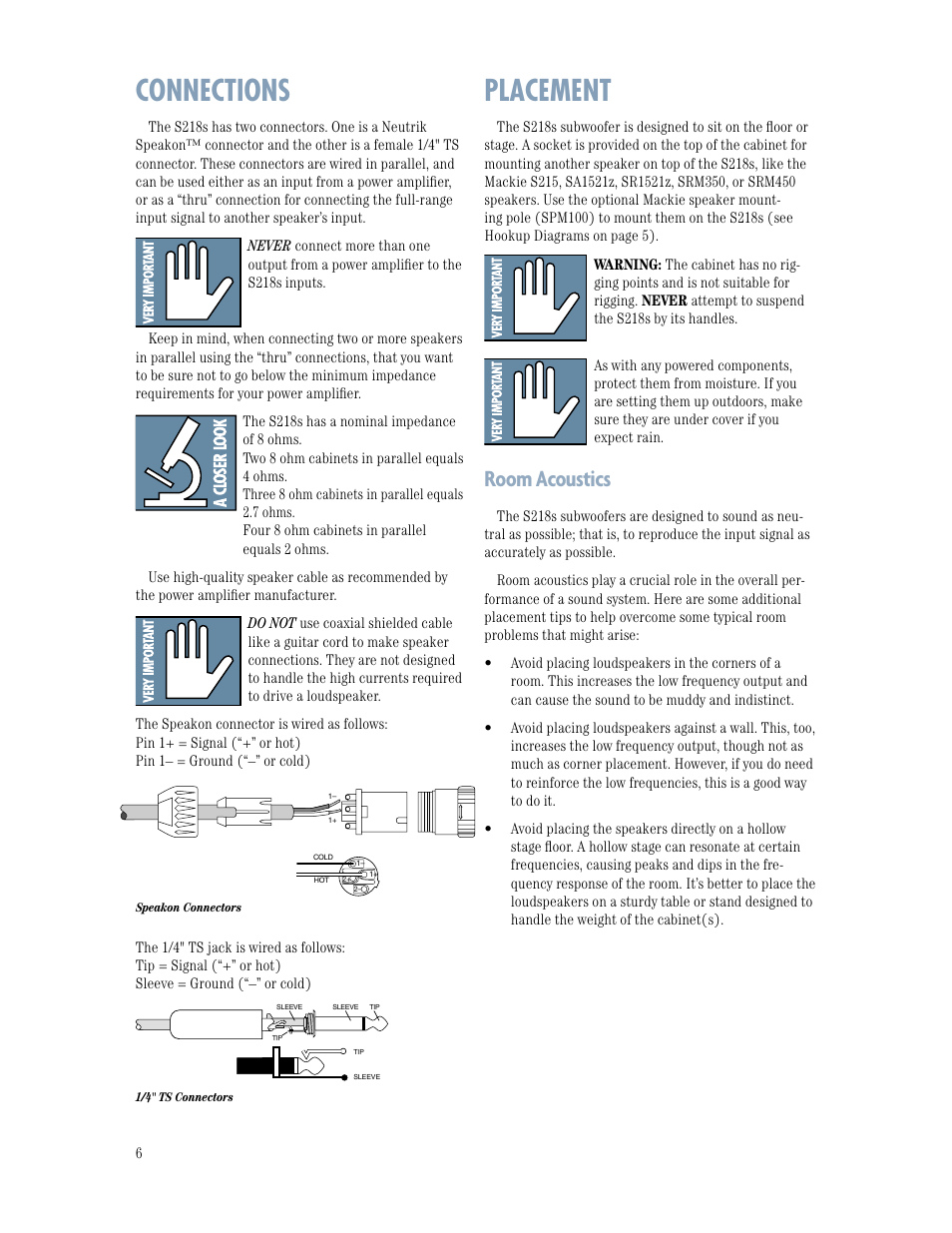 Connections, Placement, Room acoustics | MACKIE S218s User Manual | Page 6 / 12
