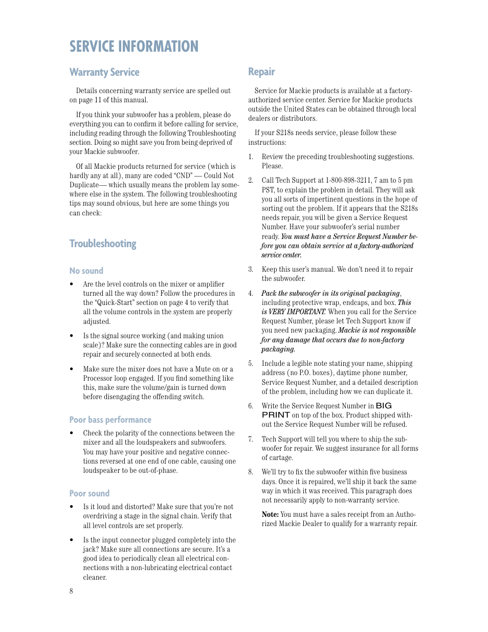 Service information, Warranty service, Troubleshooting | Repair | MACKIE S218s User Manual | Page 8 / 12