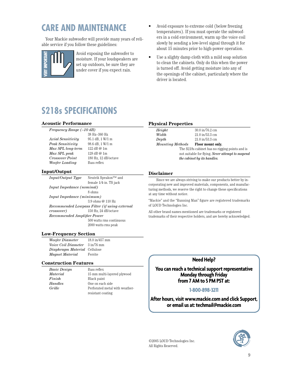 Care and maintenance, S218s specifications | MACKIE S218s User Manual | Page 9 / 12