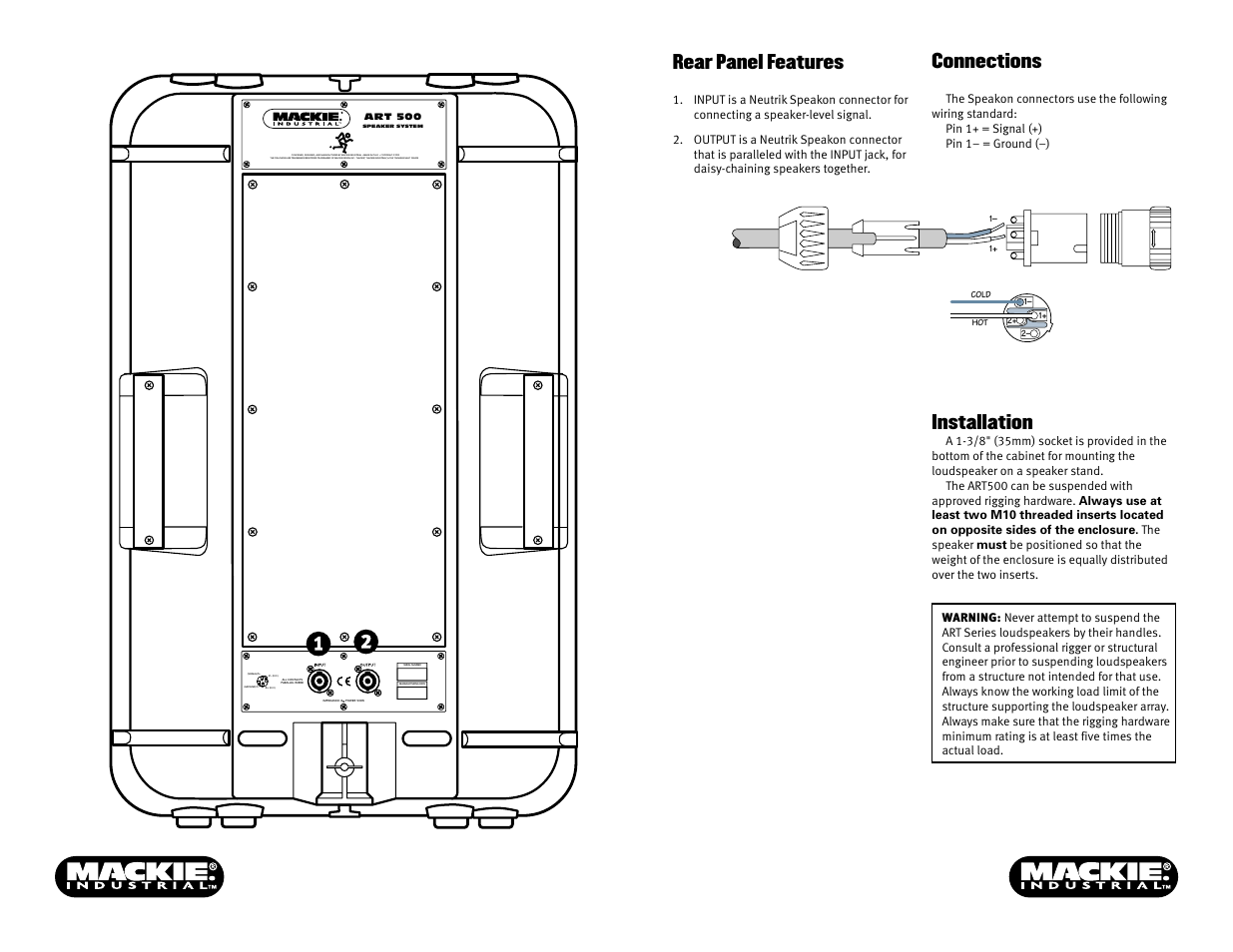 Rear panel features, Installation, Connections | Manufacturing date serial number (signal), Ground), N.c.) | MACKIE ART500 User Manual | Page 2 / 2