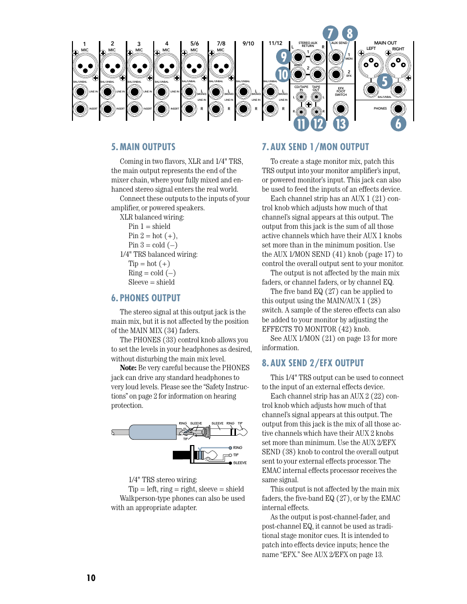 Main outputs, Phones output, Aux send 1/mon | Aux send 2/efx, Main outputs phones aux send 1/mon aux send 2/efx, Aux send 1/mon output, Aux send 2/efx output | MACKIE DFX12 User Manual | Page 10 / 24