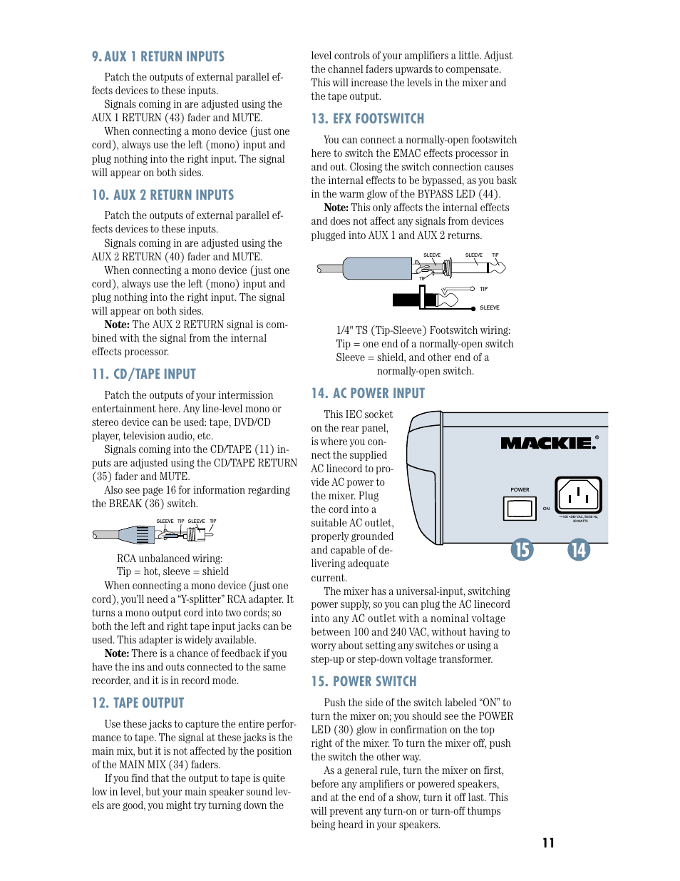 Aux 1 return inputs, Aux 2 return inputs, Cd/tape input | Tape output, Efx footswitch, Ac power input, Power switch | MACKIE DFX12 User Manual | Page 11 / 24