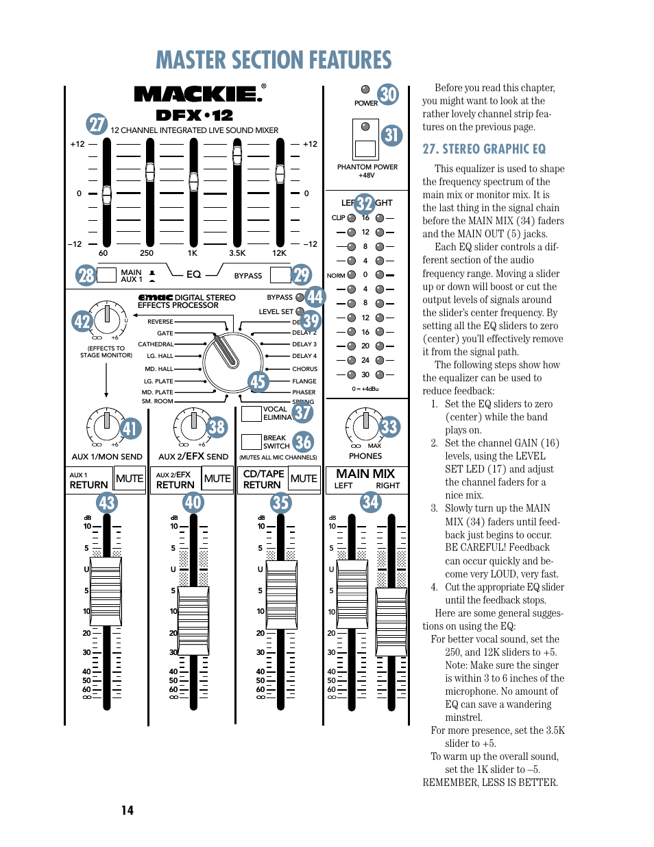 Master section features, Stereo graphic eq, Main mix | Mute | MACKIE DFX12 User Manual | Page 14 / 24