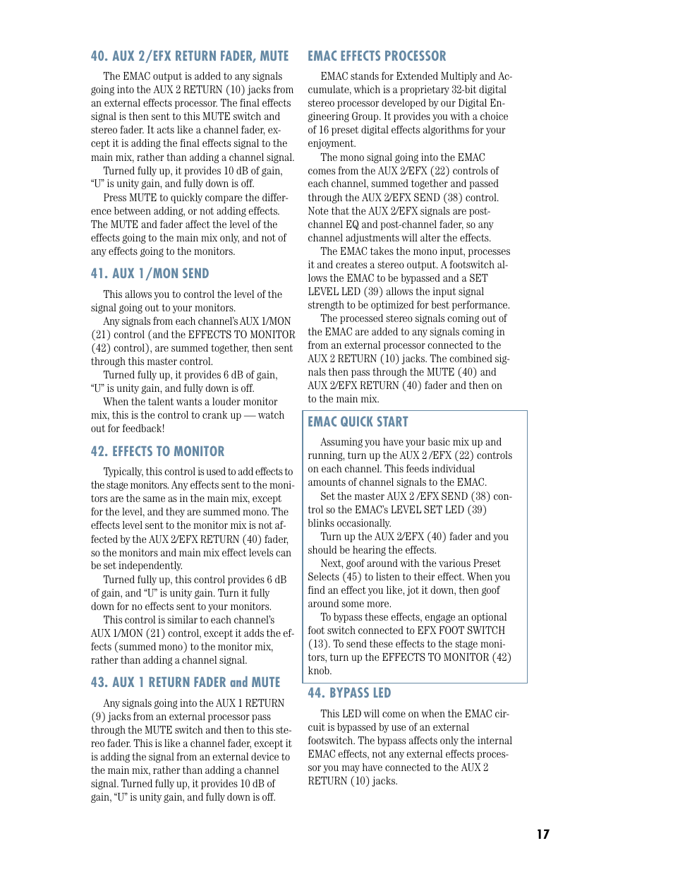 Aux 2/efx return fader and mute, Aux 1/mon send, Effects to monitor | Aux 1 return fader and mute, Emac effects processor, Quick start, Bypass led, Quick start bypass led | MACKIE DFX12 User Manual | Page 17 / 24