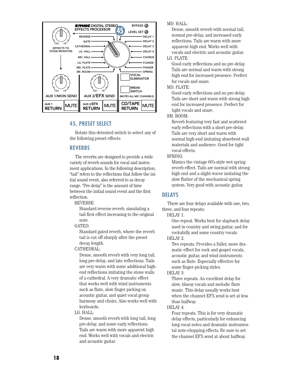 Preset selection, Preset select, Reverbs | Delays | MACKIE DFX12 User Manual | Page 18 / 24