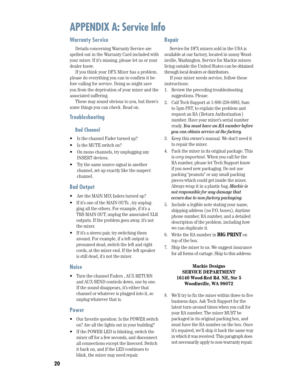 Appendix a: service info, Warranty service, Troubleshooting | Repair, Warranty service troubleshooting repair | MACKIE DFX12 User Manual | Page 20 / 24