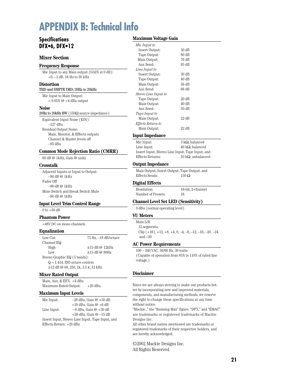 Appendix b: technical info, Specifications, Specifications dfx•6, dfx•12 | MACKIE DFX12 User Manual | Page 21 / 24