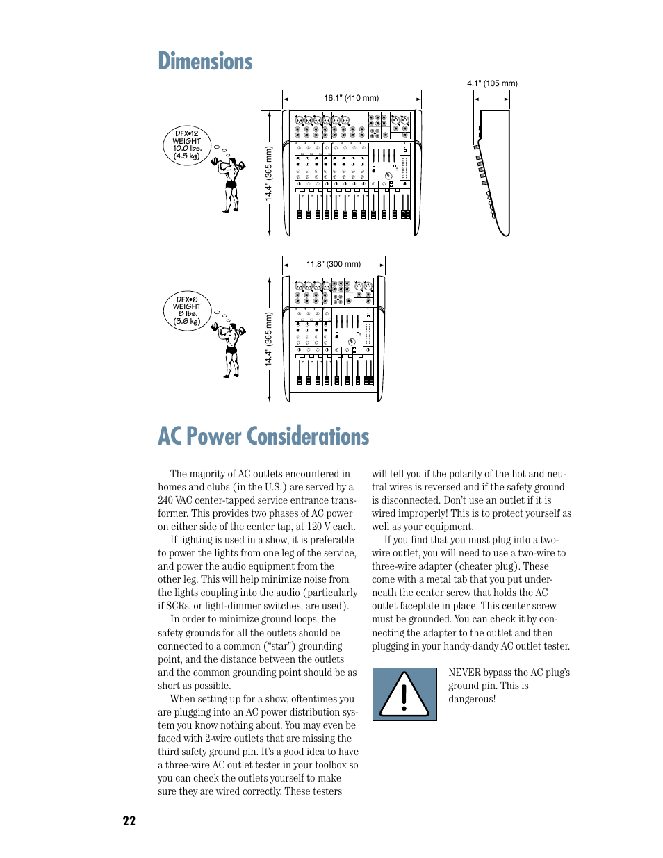 Dimensions, Ac power considerations, Dimensions ac power considerations | Ac power considerations dimensions | MACKIE DFX12 User Manual | Page 22 / 24