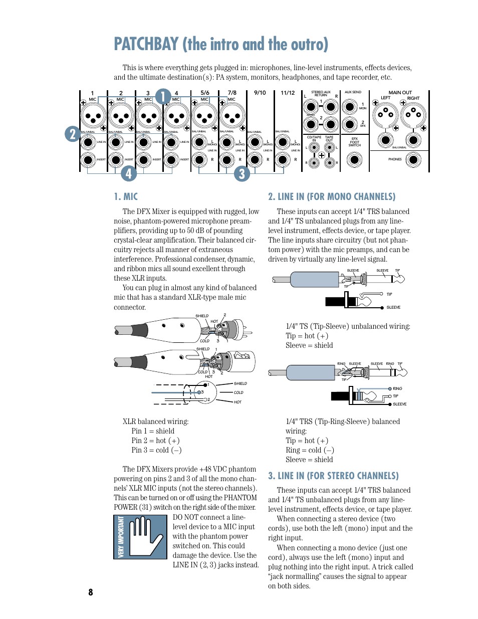 Patchbay features, Line in (mono), Line in (stereo) | Mic line in (mono) line in (stereo), Patchbay (the intro and the outro), Line in (for mono channels), Line in (for stereo channels) | MACKIE DFX12 User Manual | Page 8 / 24