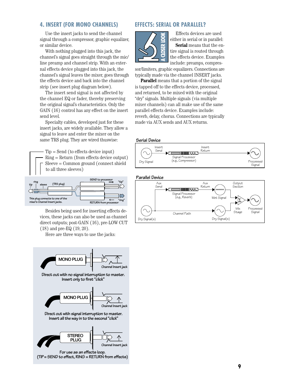 Insert, Effects: serial or parallel, Insert effects: serial or parallel | Insert (for mono channels) | MACKIE DFX12 User Manual | Page 9 / 24