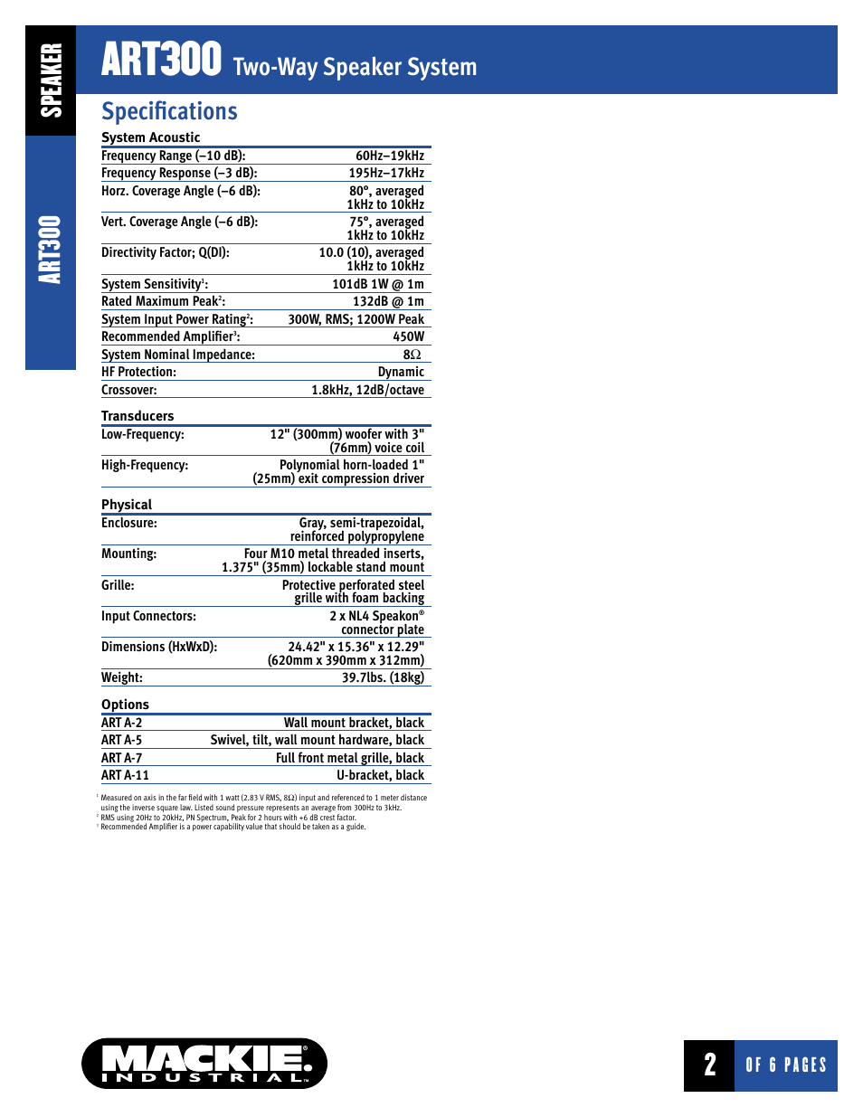Art300, Two-way speaker system, Speaker | Specifications | MACKIE ART300 User Manual | Page 2 / 6