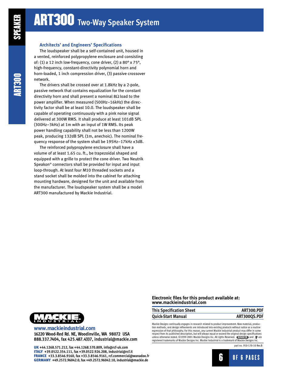 Art300, Two-way speaker system, Speaker | MACKIE ART300 User Manual | Page 6 / 6