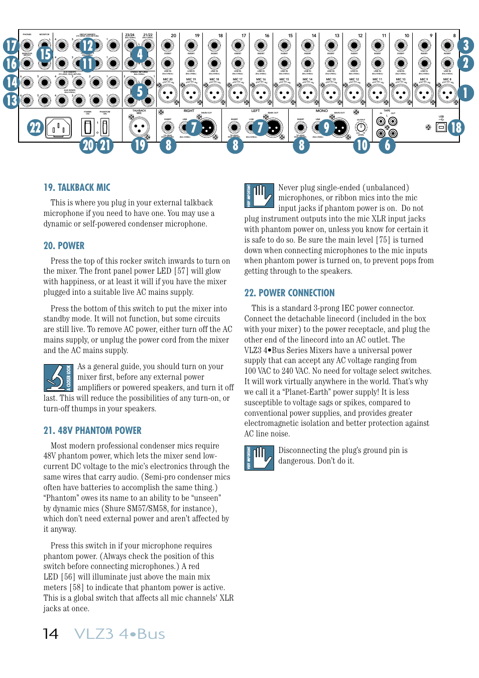 14 vlz3 4•bus, Talkback mic, Power | 48v phantom power, Power connection | MACKIE VLZ3 4BUS User Manual | Page 14 / 39