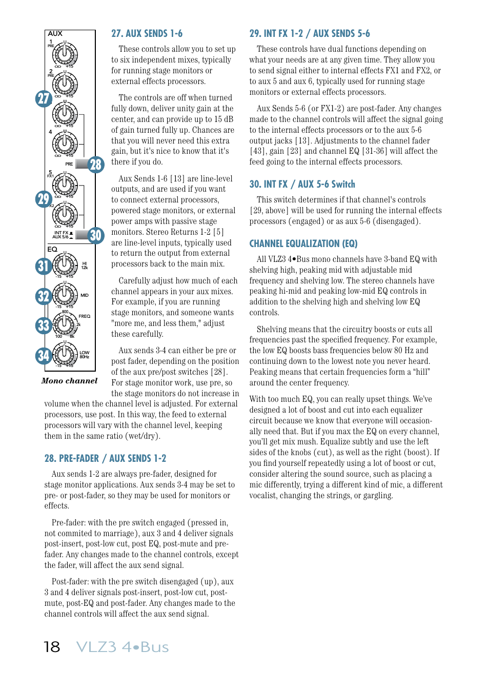 18 vlz3 4•bus, Aux sends 1-6, Pre-fader / aux sends 1-2 | Int fx 1-2 / aux sends 5-6, Int fx / aux 5-6 switch, Channel equalization (eq) | MACKIE VLZ3 4BUS User Manual | Page 18 / 39