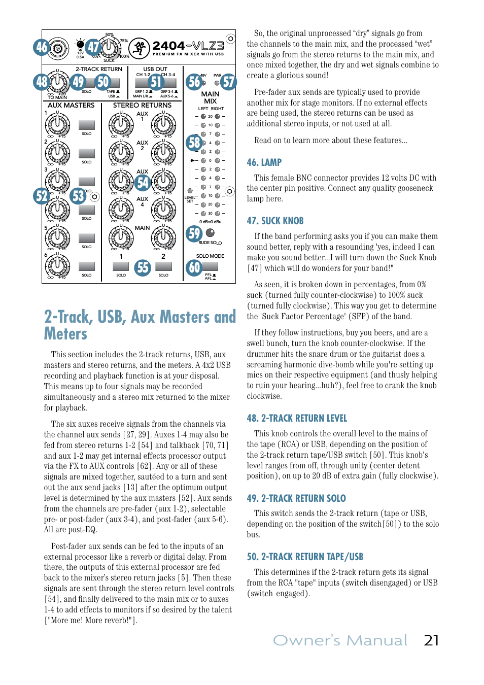 Track, usb, aux masters and meters, Owner's manual 21, Lamp | Suck knob, 2-track return level, 2-track return solo, 2-track return tape/usb | MACKIE VLZ3 4BUS User Manual | Page 21 / 39