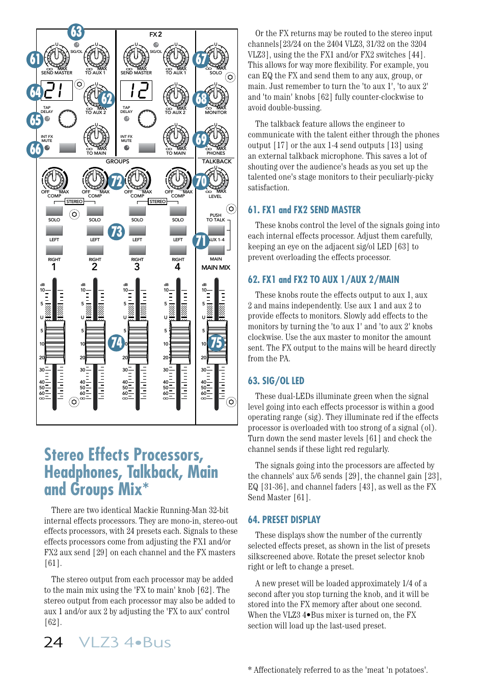 24 vlz3 4•bus, Fx1 and fx2 send master, Fx1 and fx2 to aux 1/aux 2/main | Sig/ol led, Preset display | MACKIE VLZ3 4BUS User Manual | Page 24 / 39