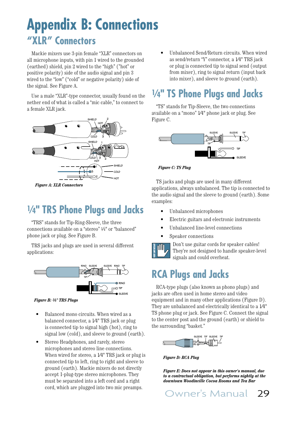 Appendix b: connections, Xlr” connectors, Trs phone plugs and jacks | Ts phone plugs and jacks, Rca plugs and jacks, Owner's manual 29 | MACKIE VLZ3 4BUS User Manual | Page 29 / 39