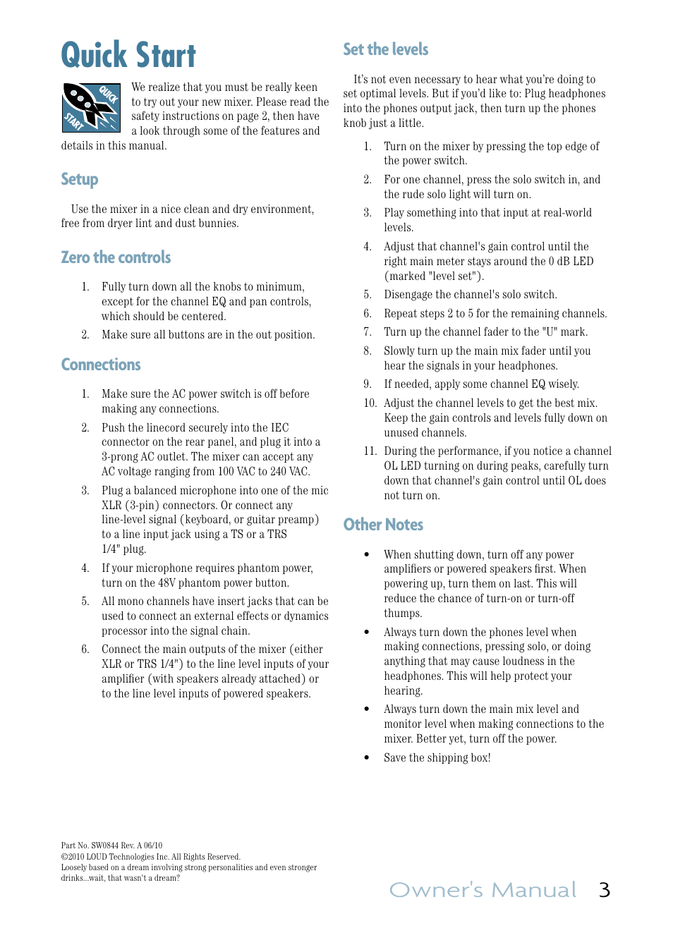 Quick start, Owner's manual 3, Set the levels | Setup, Zero the controls, Connections | MACKIE VLZ3 4BUS User Manual | Page 3 / 39