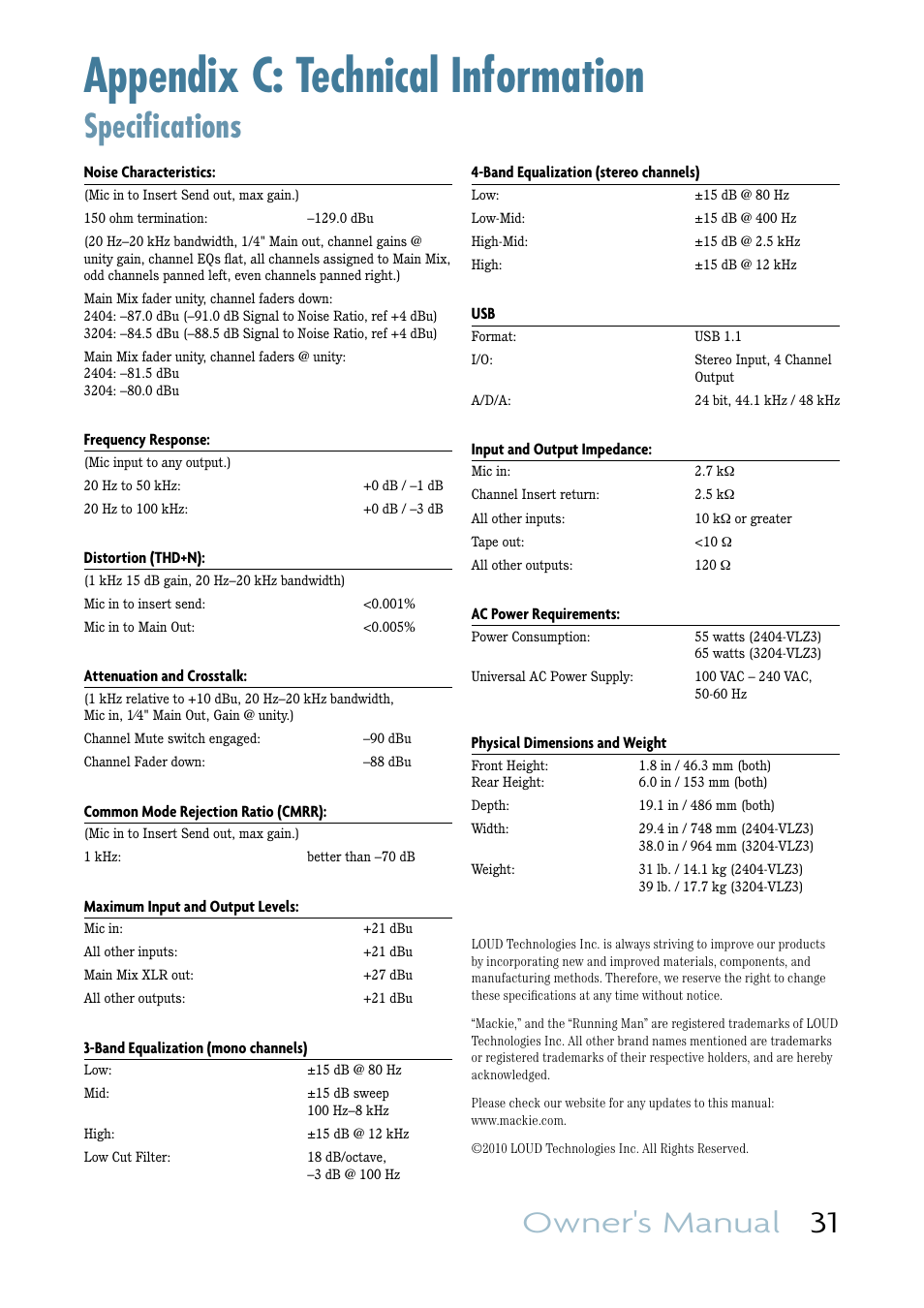 Appendix c: technical information, Specifications, Owner's manual 31 | MACKIE VLZ3 4BUS User Manual | Page 31 / 39